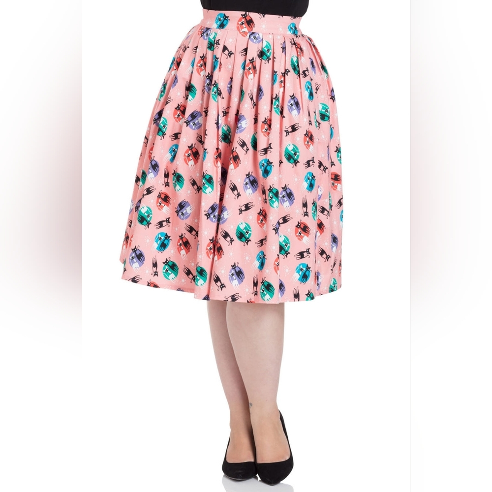 Voodoo Vixen - Pink Retro Kitty Cat Atomic Print Skirt